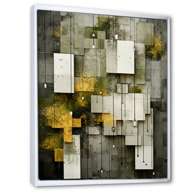 Abstrait géométrique en gris et jaune - impressions d'art géométriques modernes, Cadre flottant blanc