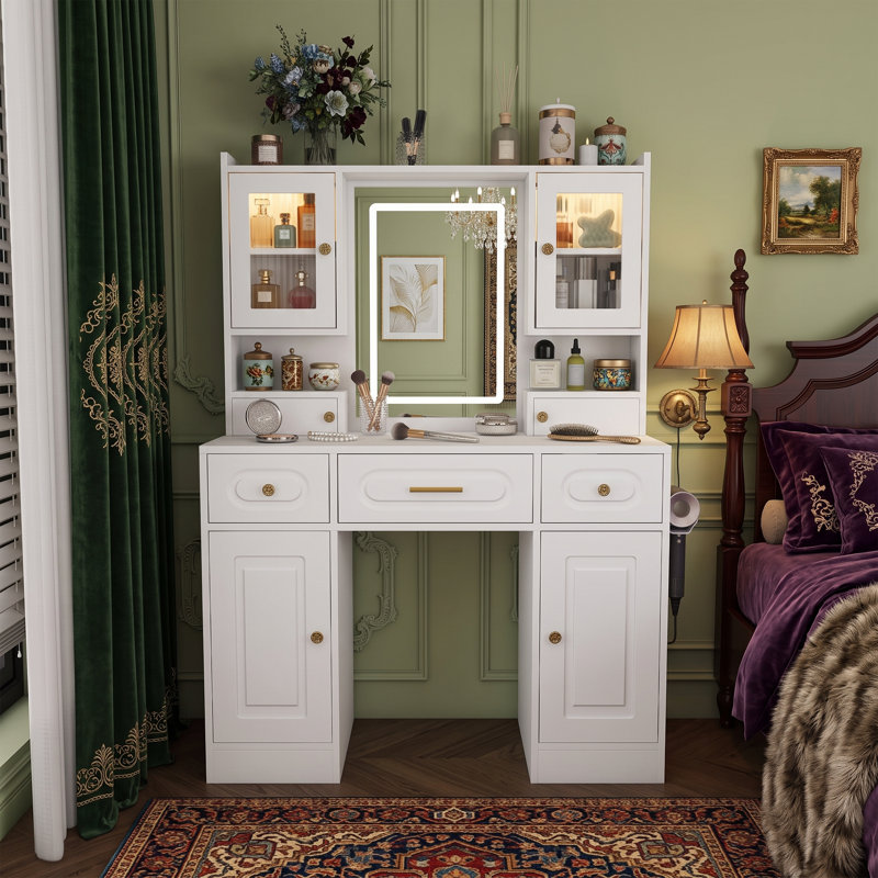 Ensemble de coiffeuse moderne de 99 cm avec miroir et éclairage, table de toilette fonctionnelle avec prise électrique intégrée, blanc