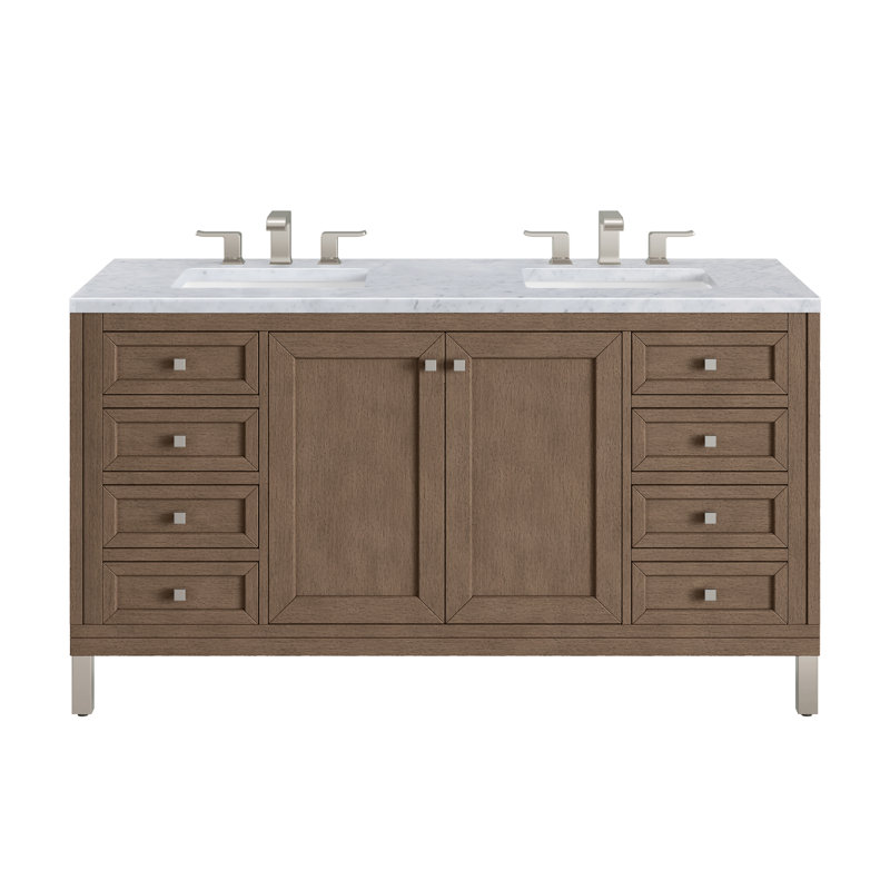 Ensemble de meuble-lavabo double 60 po Chicago, Walnut Whisper, Blanc de Carrare, 8 po