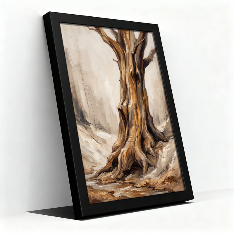 Tableau sur toile représentant un tronc d'arbre beige et brun aux racines apparentes dans une forêt blanche, 18"H x 12"W