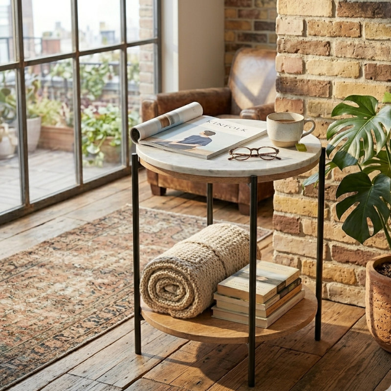 Modern White Marble Top End Table with Solid Wood Shelf and Metal Legs