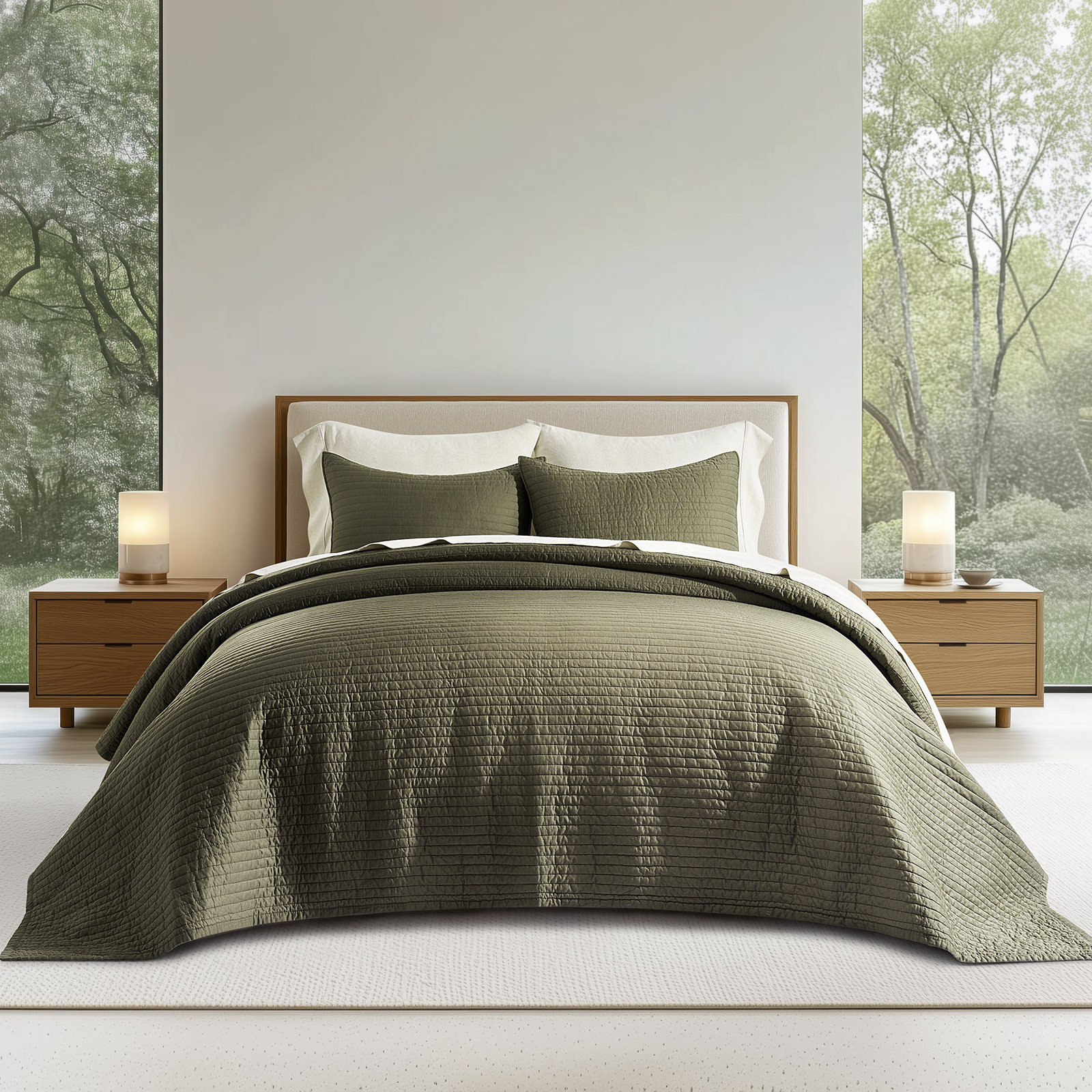 Cotton Sateen Quilt Set, Queen Quilt + 2 Queen Shams, Olive Green