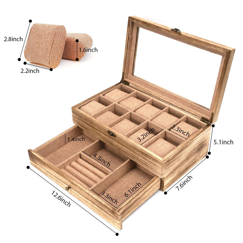 Boîte à montre rustique en bois à 10 fentes avec coussins amovibles, Brun