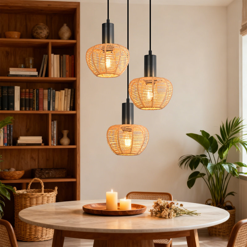 Boho 3-Light Woven Kitchen Island Pendant