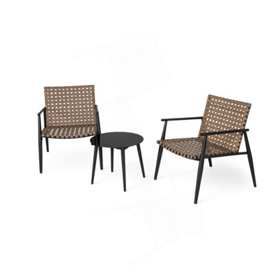 Modern Outdoor Chat Set: 2 PE Rattan Chairs + Black Steel & Tempered Glass Side Table – Durable & Stylish by Bay Isle Home