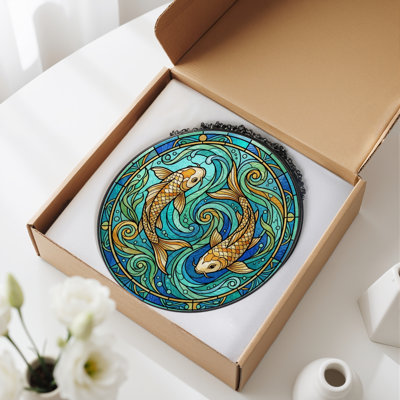 Koi Fish Stained Glass Window Panel，7.8H