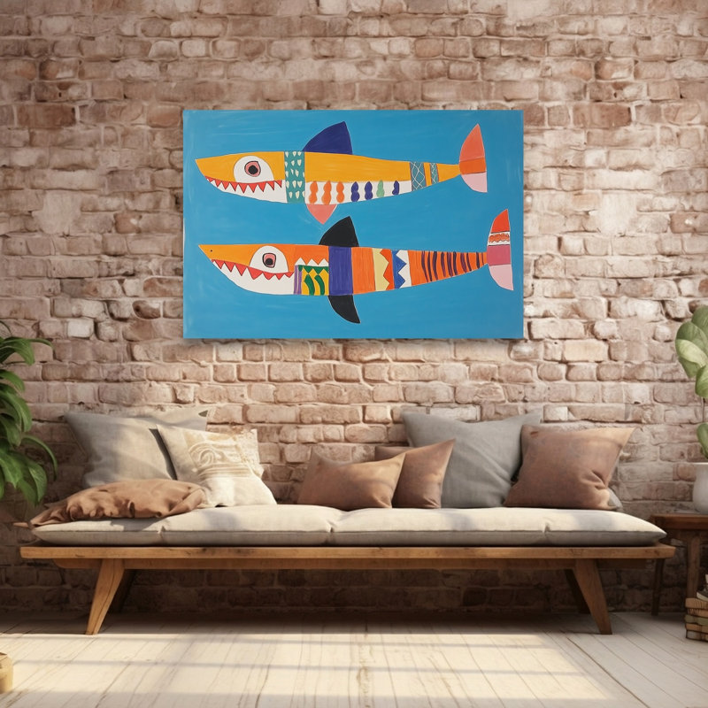 Impression d'art mural coloré coloré, joyeux requins, océan, H 40 po x l 60 po