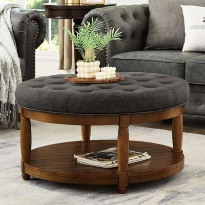 Grande table basse en lin avec fonctionnalité et tablette en bois massif, applicable à l'intérieur comme à l'extérieur dans un restaurant ou à la maison, l 32,5 po x l 32,5 po x H 18 po, roulement de 300 lb, assemblage en 5 minutes