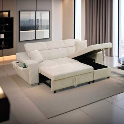White Extendable Corduroy Living Room Extendable Sofa Set