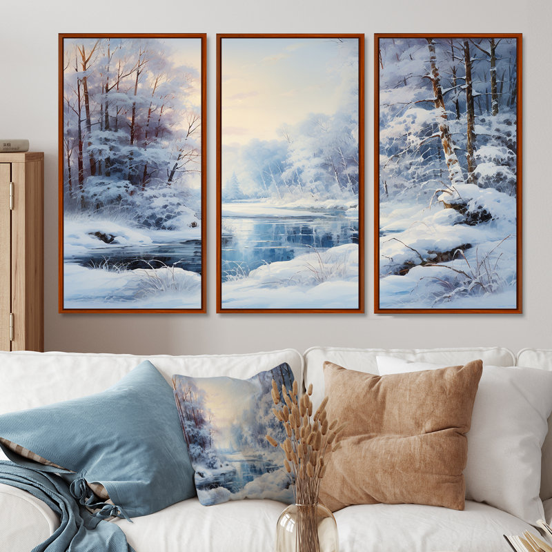 Winter River Window View II - Winter Landscape, art mural, H 40 po x l 60 po x P 1 po, Cadre flottant brun