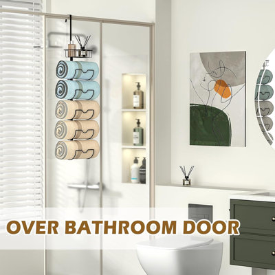 X-cosrack 6-Tier Over The Door Towel Racks for Bathroom - Wall Mounted Towel Holder with Metal Shelf - Rolled Towels Organizer Door Adjustable Hanging Towel Storage - Black