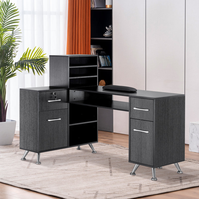 BarberPub L-Shape Nail Desk with Multiple Drawer and Storage Cabinet, Black/Silver