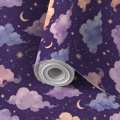Papier peint autocollant amovible à motif aquarelle de lune et de nuages, style pastel doux, pour une ambiance féérique et magique. Résistant à l'eau, il est idéal pour décorer les chambres, les salons et les cuisines. Dimensions : 58 x 300 cm.
