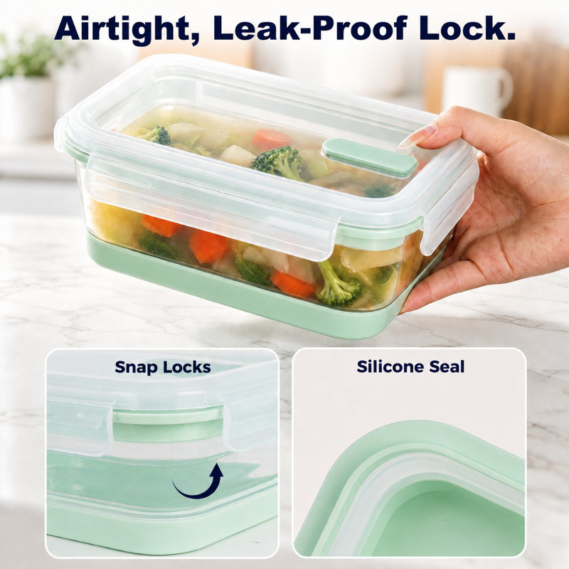 4 Piece Collapsible Silicone 40 oz. Rectangular Food Storage Container Set with Airtight Snap Lock Lids