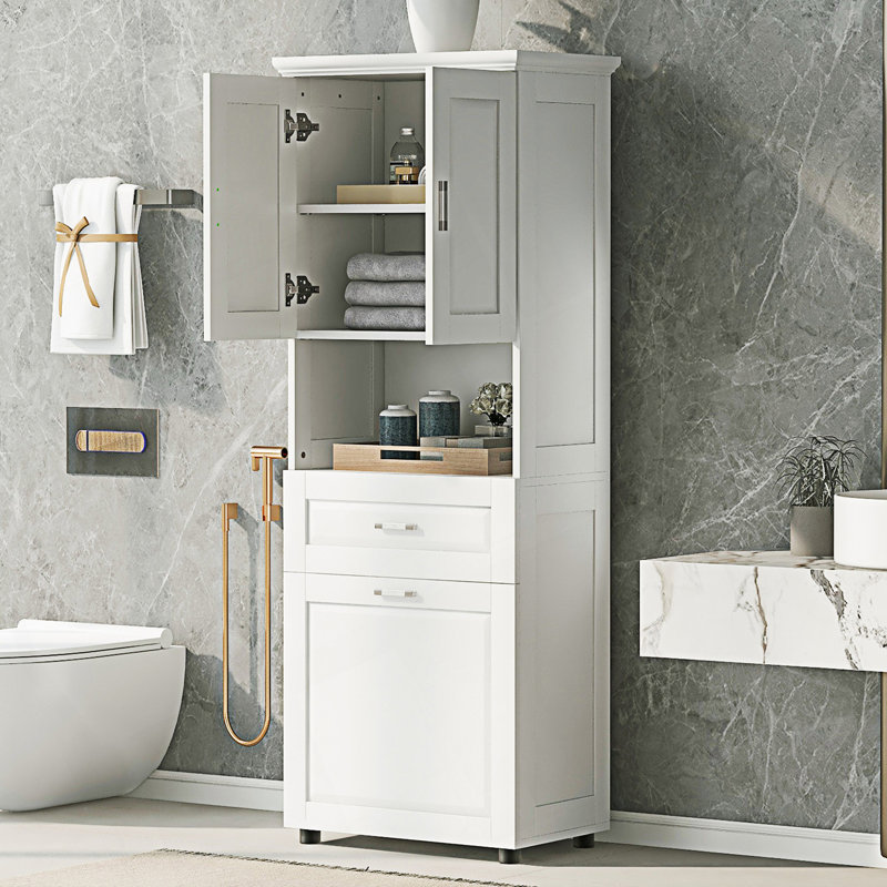 Armoire de salle de bain haute avec panier à linge, panier à linge inclinable et armoire de rangement supérieure, armoire d'entrée