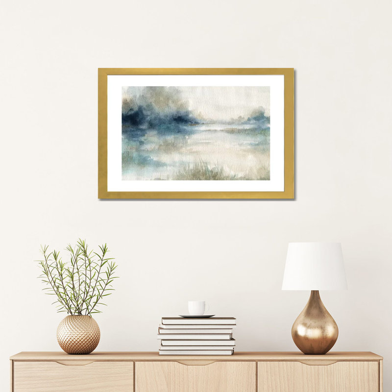 «Still Evening Waters II» par Carol Robinson - reproduction imprimée, H 16 po x l 24 po x P 1 po, Papier encadré doré, Blanc