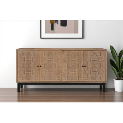 80" Brown Solid Wood Carved Geometric Sideboard with Four Doors