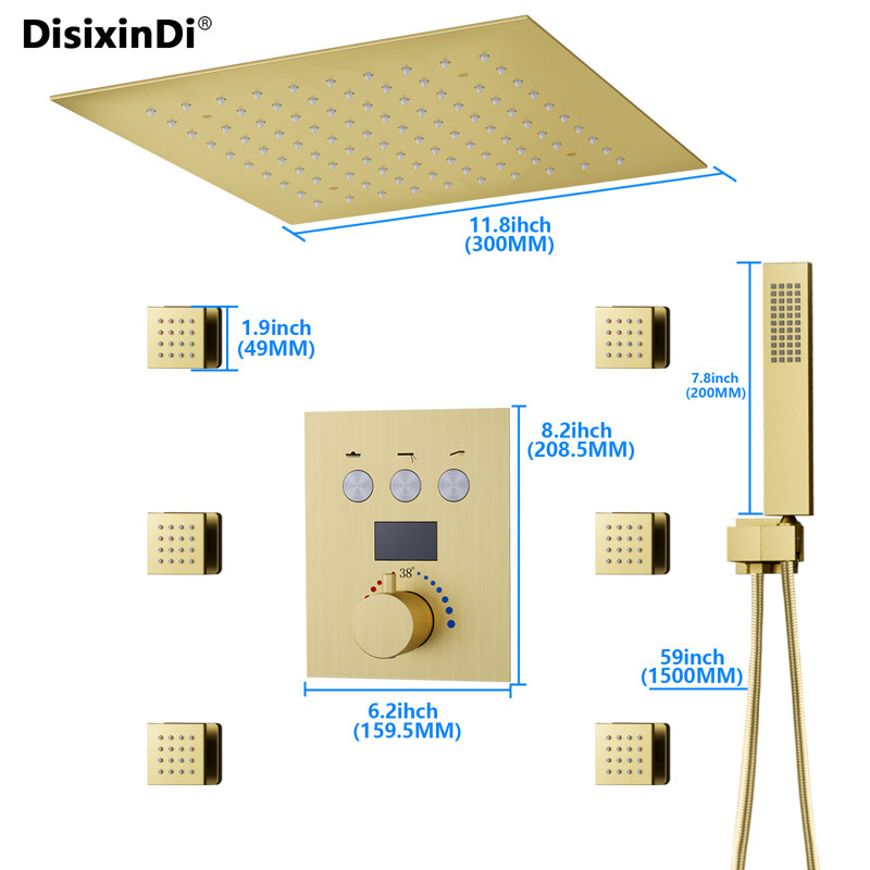 Ensemble de système de douche thermostatique avec pomme de douche de plafond 12 pouces, Or brossé
