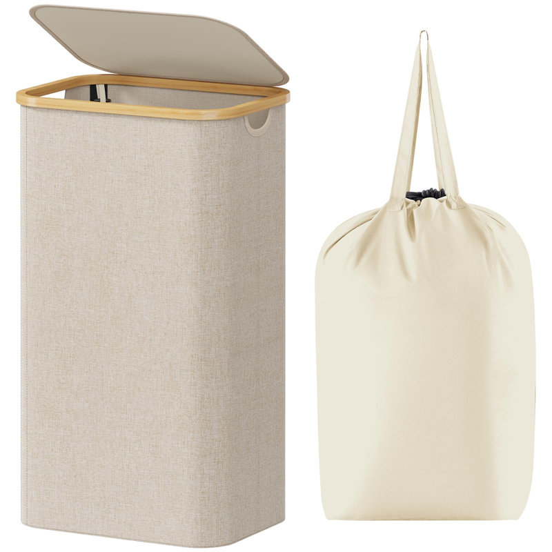 Lifewit 100L Laundry Basket With Lid, Clothes Hampers For Laundry With Bamboo Handles And A Removable Bag, Large Foldable Laundry Hamper For Bedroom, Bathroom, Dorm, Laundry Room, Beige