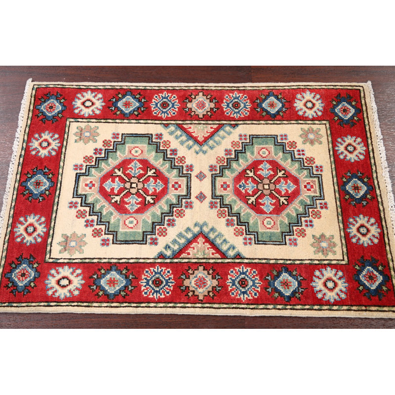 Tapis décoratif en laine de conception unique noué à la main new age kazak ivoire/marron/vert 2 pi 1 po x 3 pi 2 po Antigone