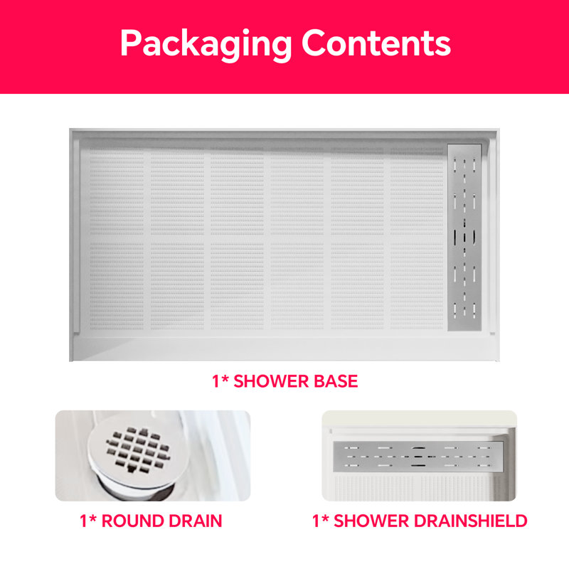 60"  X  34" White Durable One-Piece Frpu & Solid Surface Shower Base With Slip-Resistant Surface & Integrated Drain, Right