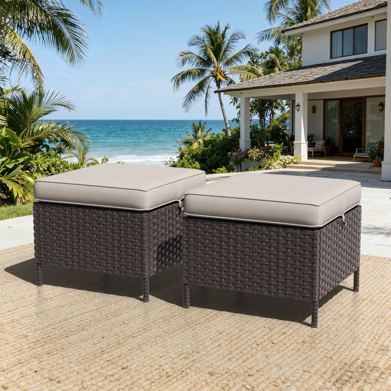 Repose-pieds d'extérieur en osier 2 pièces avec coussins 2 pièces, Beige