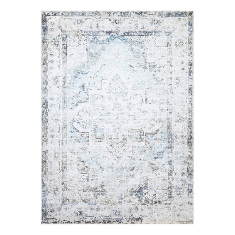Washable Non-Slip Traditional Area Rug - Blue / Beige Rug for Entryway, Hallway, Bathroom, and Kitchen - Ferrante