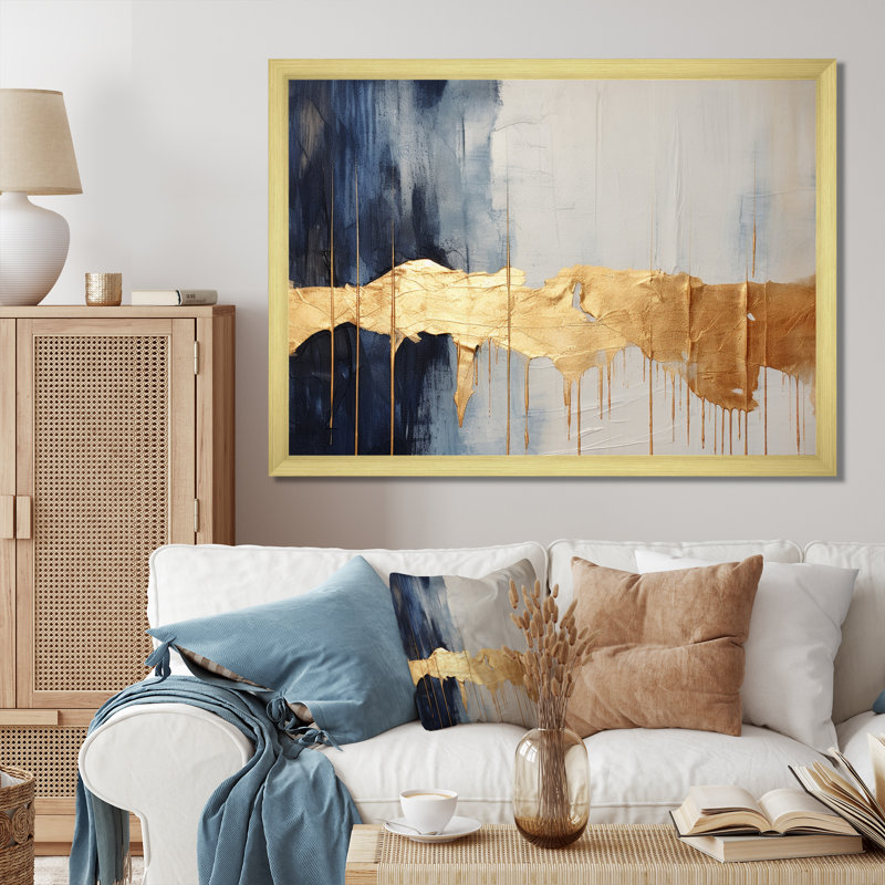 Waves Of Joy Minimal Nova - bleu et or I - peinture abstraite, art mural, H 30 po x l 40 po x P 1,5 po, Encadrement doré