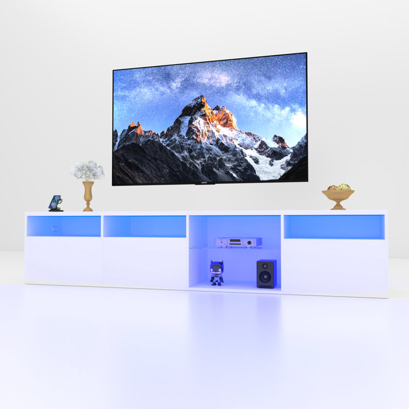 Console de télévision moderne avec rangement, 82,6 pouces, choix de couleurs, 31 modes, télécommande et télécommande, blanc pour divertissement de 75/80 pouces de long, DEL, modes d'éclairage,