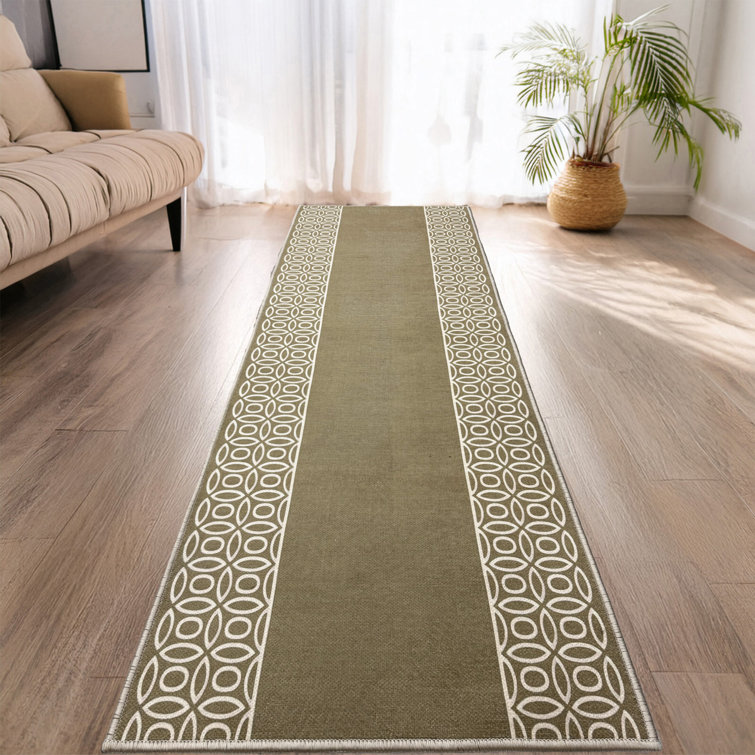 Custom Size Runner Rug Berber Style Chain Bordered Beige Low Pile Slip Resistant Runner Rugs by Feet
