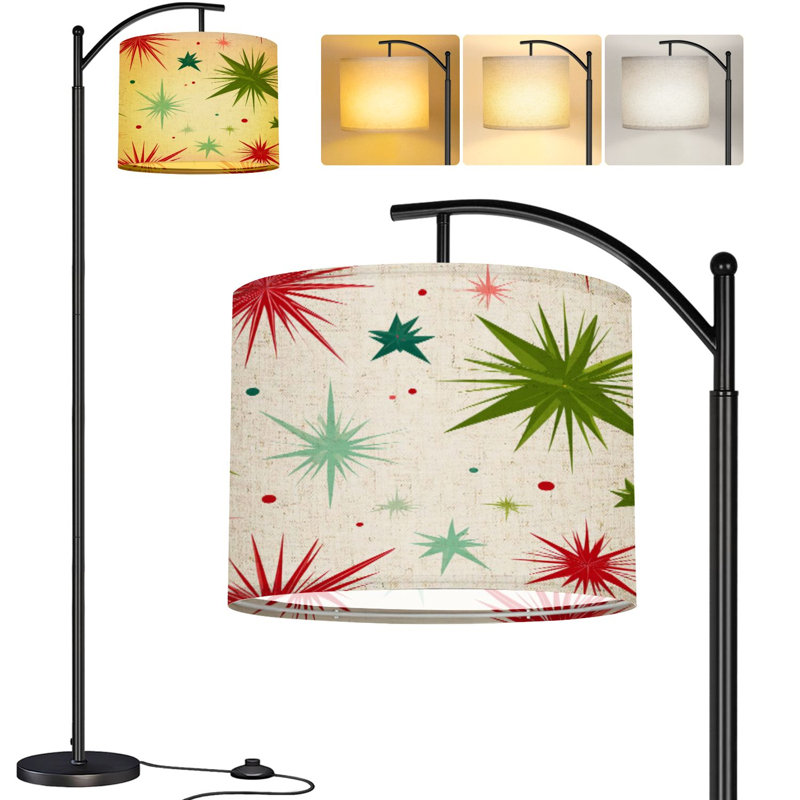  Lampe sur pied à arc de style Mid-Century abstrait à motif d'étoiles de Noël sans soudure avec abat-jour réglable en lin 3 températures
