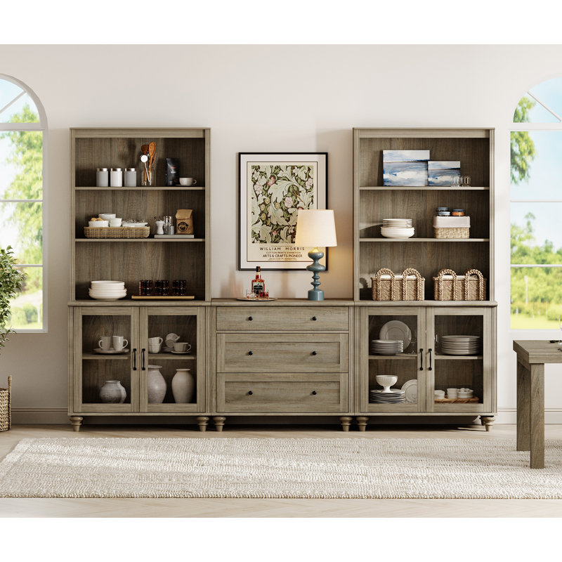 Sideboard Cabinet With Bar Hutch, Buffet Cabinet With Two Glass Cabinets, Three Drawers And Two 3 Tier Shelves, Wash Gray, 101''