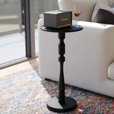 Modern Solid Wood Round Drink Table with Turned Pedestal Base, Black Finish