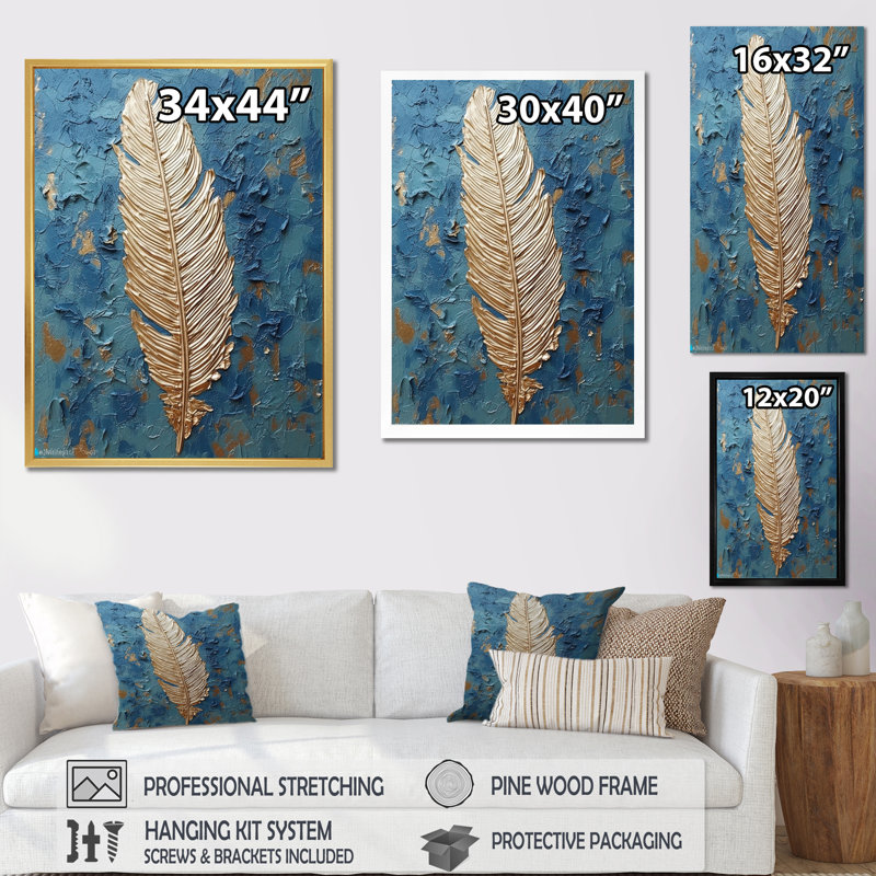 «Boho Glam Exquis Gold on Blue Feather», reproduction d'art sur toile, Cadre flottant doré, H 32 po x l 16 po x P 1 po