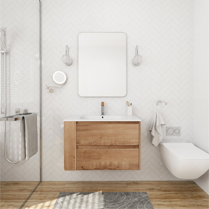 30" Wall Mounting Bathroom Vanity With Gel Sink, Soft Close Drawer, Imitative Oak