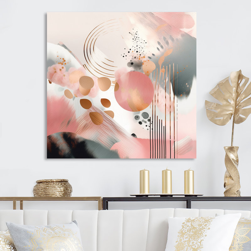 «Pink Rosegold Stripes Complexity I - Modern Shapes», impressions sur toile transitionnelles, L 16 po x H 16 po, Toile tendue