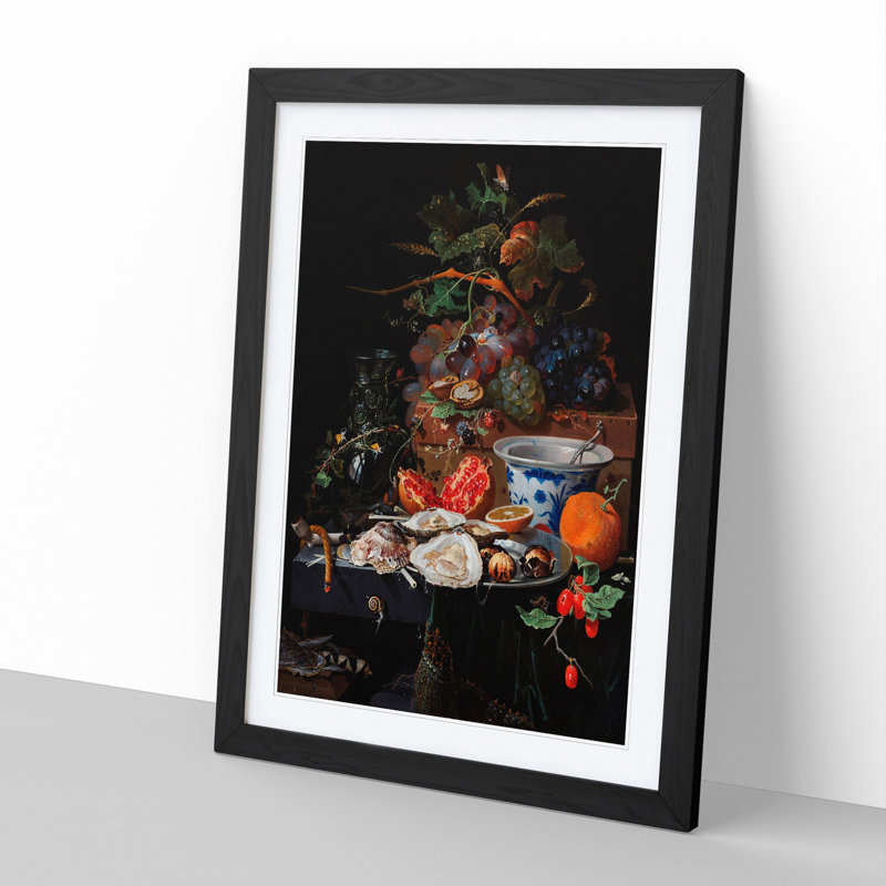 Fruits and Oysters Vol.2 by Abraham Mignon - Picture Frame Painting, Black Framed, 48cm H x 36cm W x 2cm D