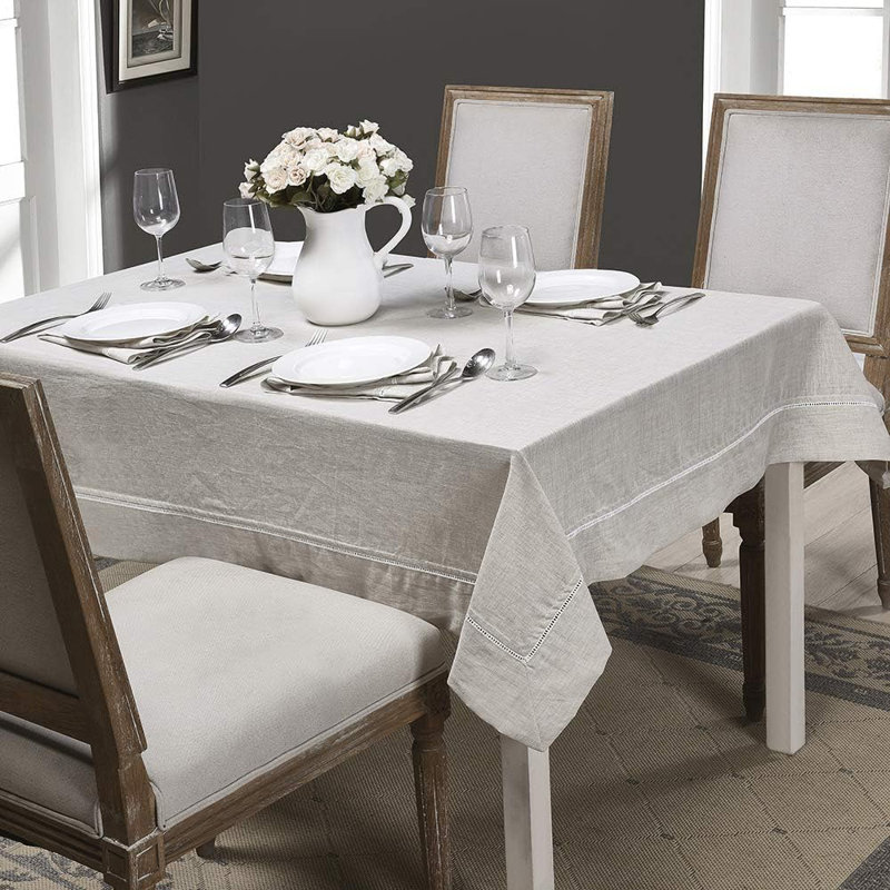 Premium 100% Natural Linen Hemstitch Tablecloth , Natural Fabric, Rectangular Tablecloth For Indoor And Outdoor Use, Linen