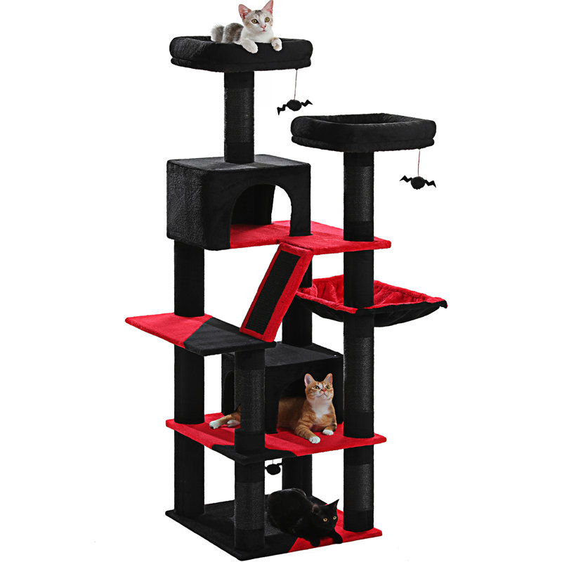 Arbre à chat de style gothique pour grands chats, tour à chat de 70,9 po de hauteur avec lit en cercueil, maisonnette pour chat, poteaux à griffes en sisal et perchoir supérieur, boule suspendue en araignée, arbre à chat Spooky à plusieurs niveaux,