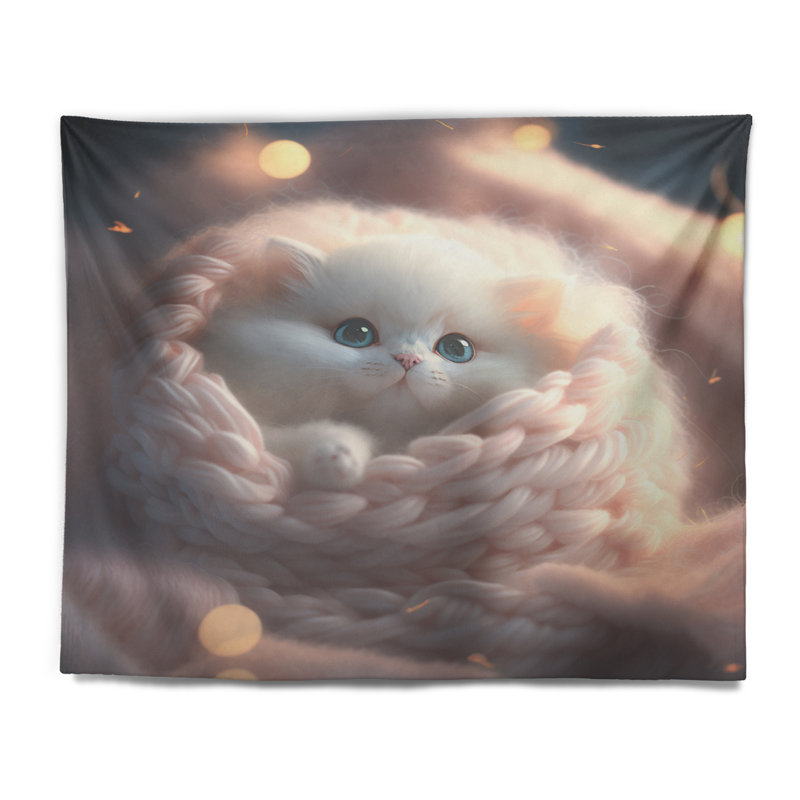 Mignon petit chaton blanc dans un nid tricoté - Tapisserie murale animaux, H 32 po x l 39 po