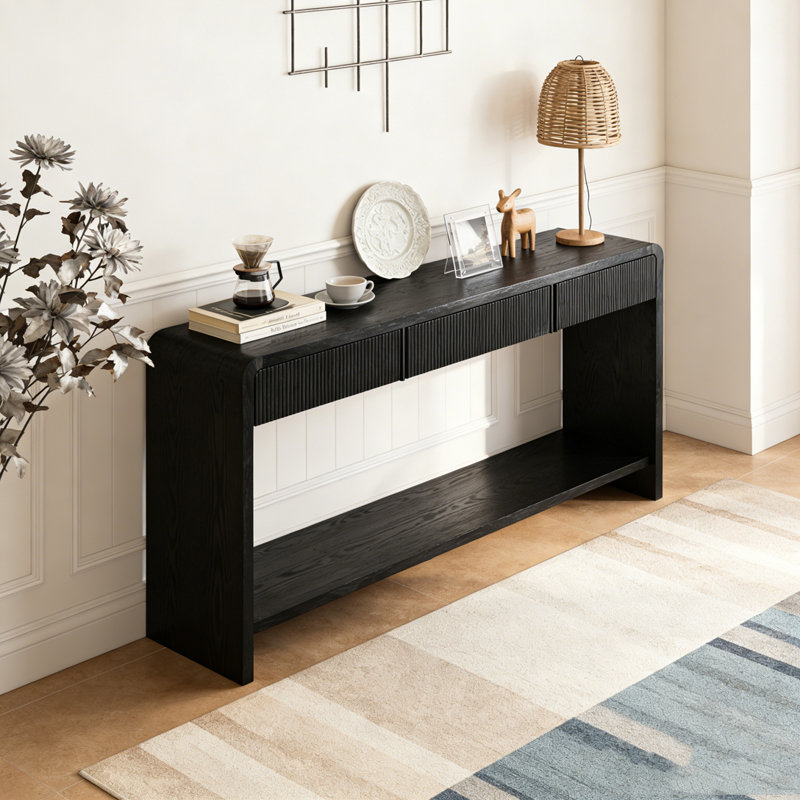 3-Drawer Console Table with Vertical Slats, Black