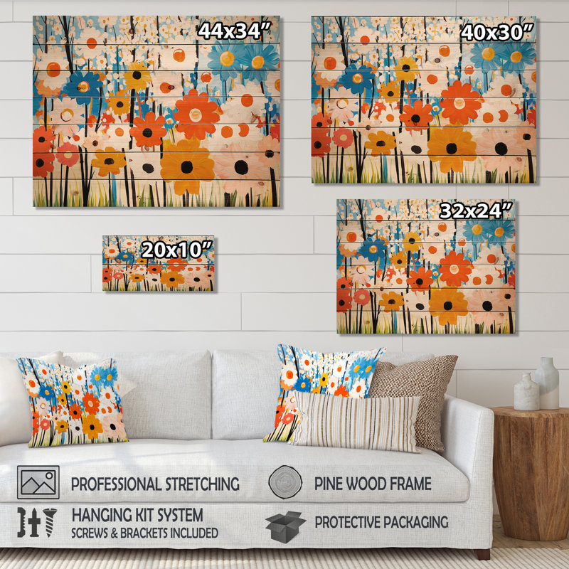 Impressionnistes floraux, champ de tournesols - Botanicals, impression sur bois rouge sur bois de pin naturel