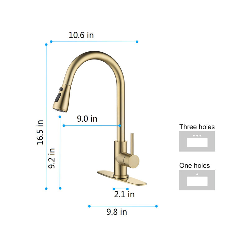 Single Lever Kitchen Sink Faucet In Brushed Gold With Pull Down , Fitting Various Types, 360 Rotating High - Arc Nozzle, Dirt Surface, Aerators For Splash And Smooth Running Water Handle Stainless
