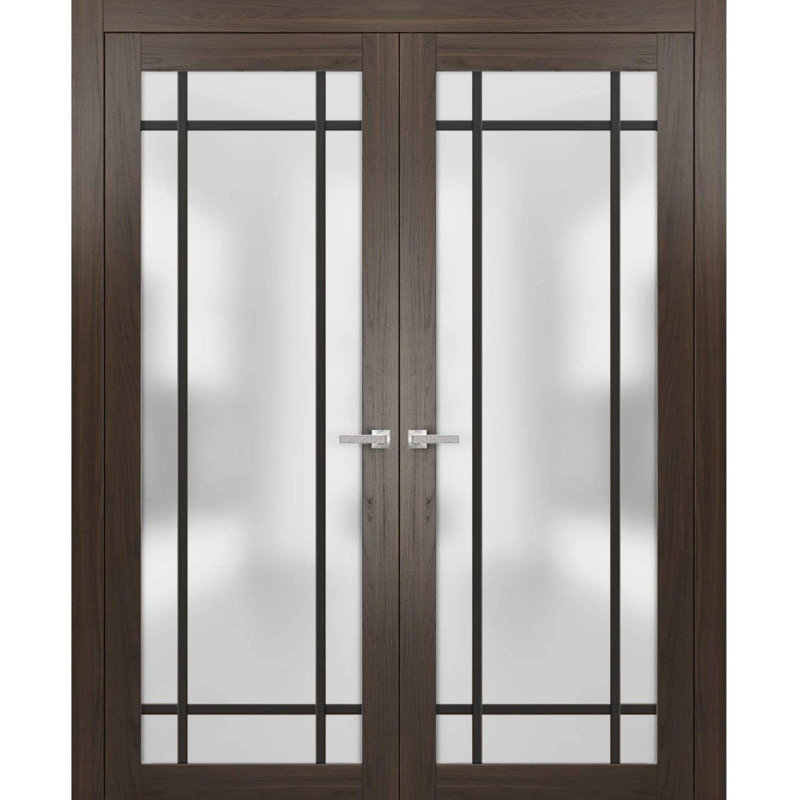 Solid French Double Doors | Planum 2112 Frosted Glass | Wood Solid Panel Frame Trims | Closet Bedroom Sturdy Doors, 86" x 86"