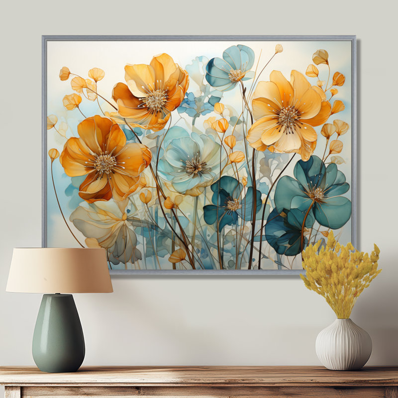 «Teal Orange Botanical Fragments I - Abstract Botanicals», art encadré, 16" H x 32" W, Black Picture Framed