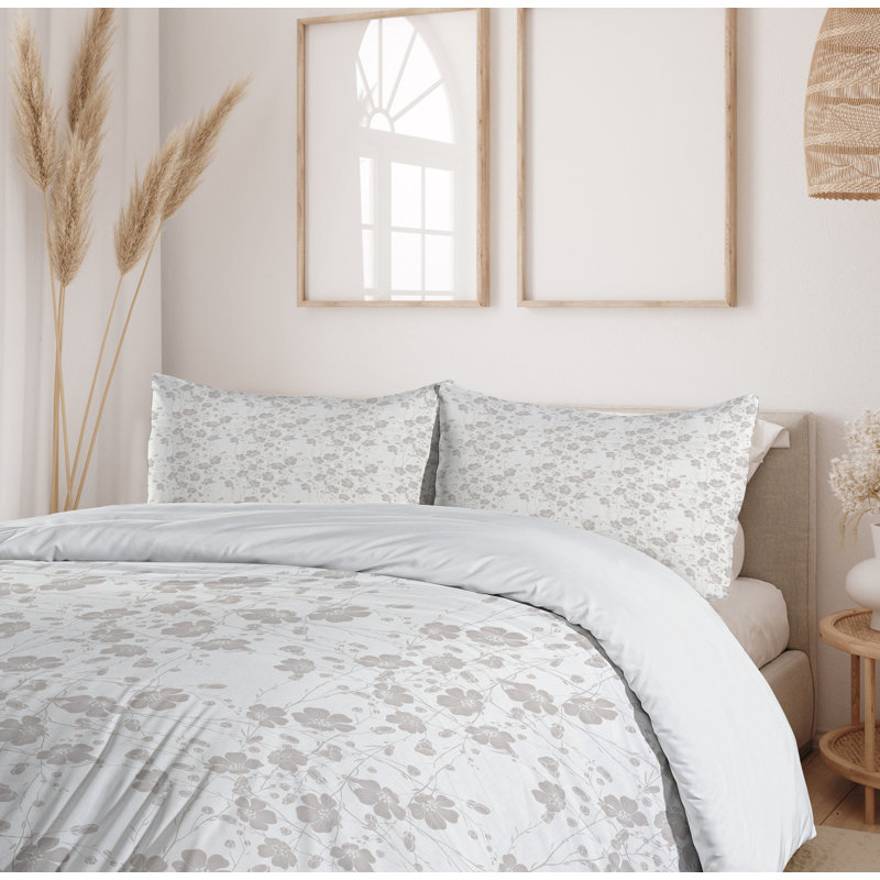 Pale Grey Floral Queen Duvet Cover Set with Pillow Shams