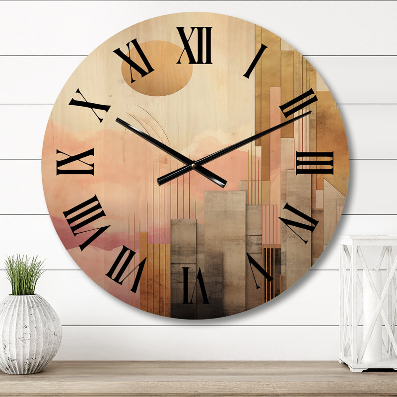 Golden Moon Dreams Retro Illustration V - Horloge murale géométrique moderne surdimensionnée en bois, Petit