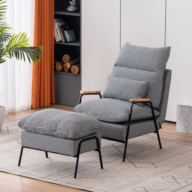 Modern Accent Recliner with Ottoman, Linen Fabric Armchair with Adjustable Backrest and Pillow, Houndstooth