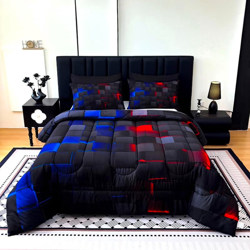 Blue Red Neon Geometric Comforter Set Queen Size,3 Piece Bed in a Bag,Abstract Square Plaid Check Bed Set for Teens Boys Gaming Bedroom