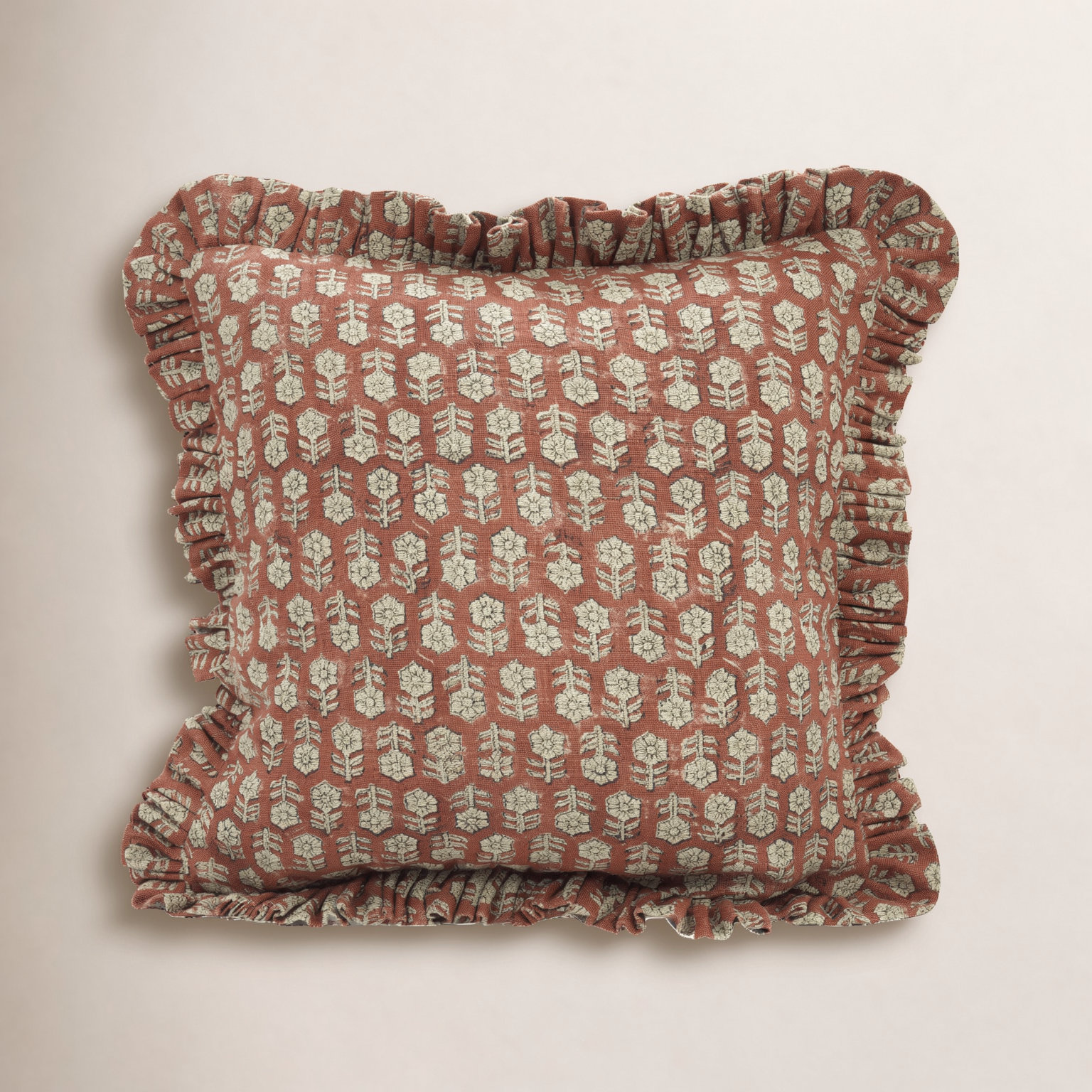 Handmade Linen Pillow Cover, Red Floral/Block Print, 24"H x 24"W
